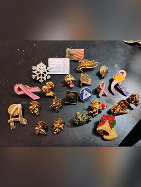 24 Piece Mixed Enamel and Gold-tone Lapel Pin Lot - Pink Ribbon & Holiday Bells